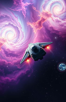 A breathtaking view of a futuristic spaceship soaring through a vibrant cosmos filled with colorful nebulae and distant galaxies, showcasing the awe of space exploration
