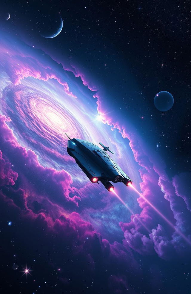 A breathtaking view of a futuristic spaceship soaring through a vibrant cosmos filled with colorful nebulae and distant galaxies, showcasing the awe of space exploration