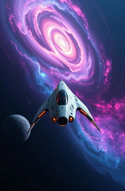 A breathtaking view of a futuristic spaceship soaring through a vibrant cosmos filled with colorful nebulae and distant galaxies, showcasing the awe of space exploration