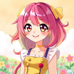 A beautiful, stylized anime character with vibrant hair colors, wearing a stylish and colorful outfit