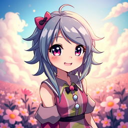 A beautiful, stylized anime character with vibrant hair colors, wearing a stylish and colorful outfit