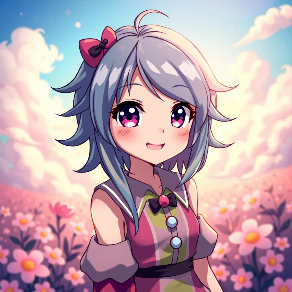 A beautiful, stylized anime character with vibrant hair colors, wearing a stylish and colorful outfit