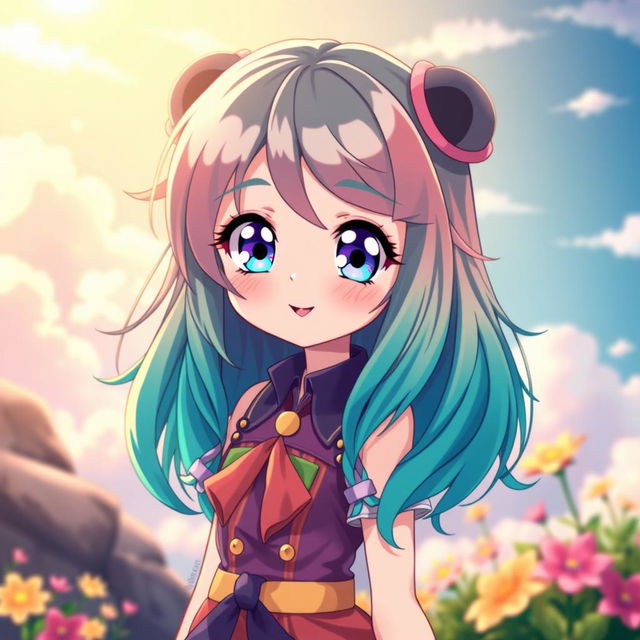 A beautiful, stylized anime character with vibrant hair colors, wearing a stylish and colorful outfit