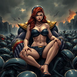 A terrified and sad depiction of a busty superheroine resembling Black Widow, wearing a strapless bikini that highlights her big cleavage and paired with shorts, conveying her perilous situation