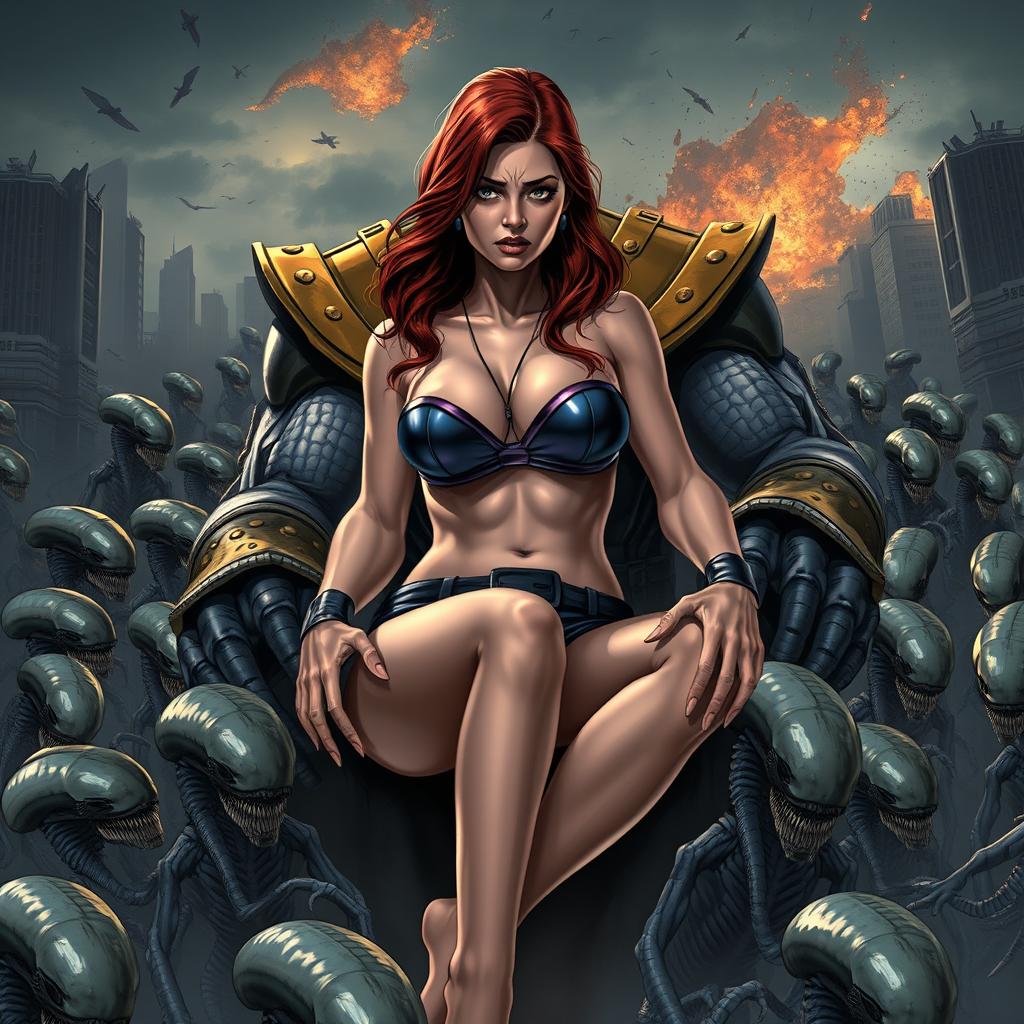 A terrified and sad depiction of a busty superheroine resembling Black Widow, wearing a strapless bikini that highlights her big cleavage and paired with shorts, conveying her perilous situation