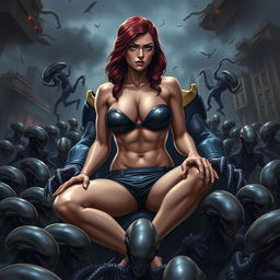 A terrified and sad depiction of a busty superheroine resembling Black Widow, wearing a strapless bikini that highlights her big cleavage and paired with shorts, conveying her perilous situation