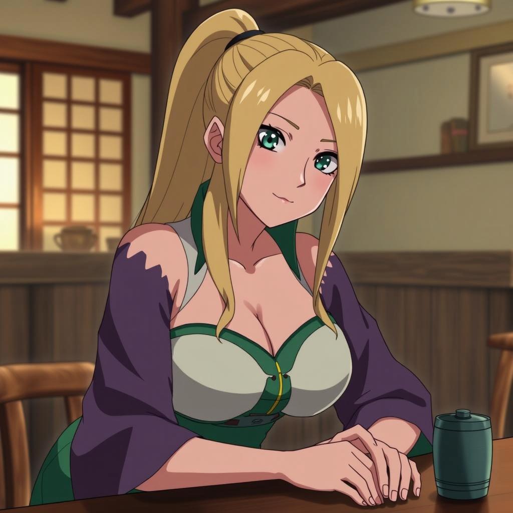 An attractive anime girl with long blonde hair tied in a ponytail, sitting at a wooden table in a cozy, traditional Japanese tea house