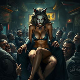 A terrified and sad portrayal of a busty cat-themed superheroine, wearing shorts that emphasize her big cleavage, conveying a sense of peril as she sits on the lap of the Joker, embodying the chaos of her situation