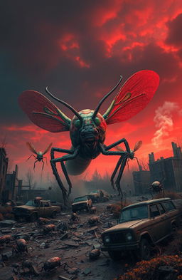 A dramatic apocalyptic landscape dominated by gigantic mutated bugs, each with unique and grotesque features