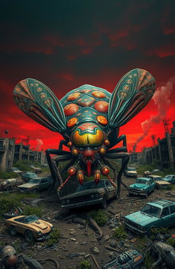 A dramatic apocalyptic landscape dominated by gigantic mutated bugs, each with unique and grotesque features