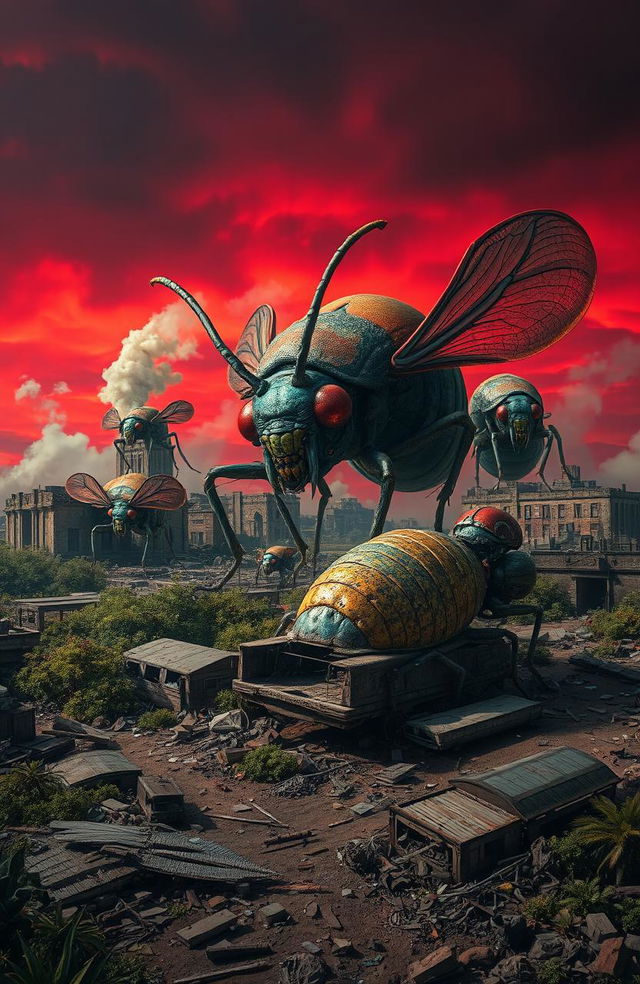 A dramatic apocalyptic landscape dominated by gigantic mutated bugs, each with unique and grotesque features