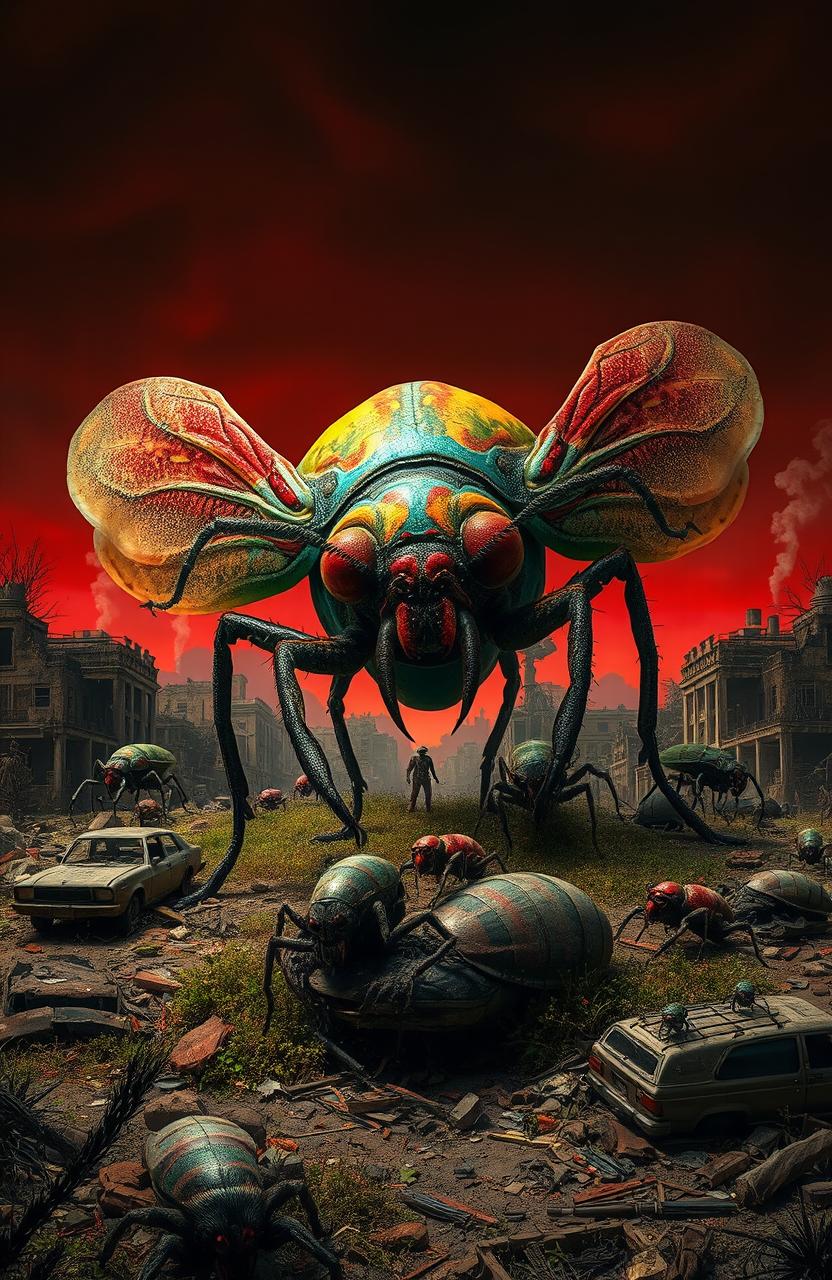 A dramatic apocalyptic landscape dominated by gigantic mutated bugs, each with unique and grotesque features