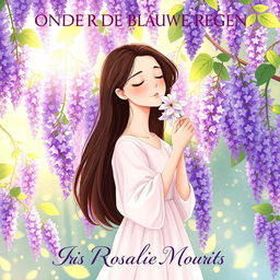 A serene illustration of a 27-year-old brunette woman with her eyes closed, standing gracefully around a blooming wisteria tree