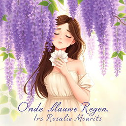 A serene illustration of a 27-year-old brunette woman with her eyes closed, standing gracefully around a blooming wisteria tree