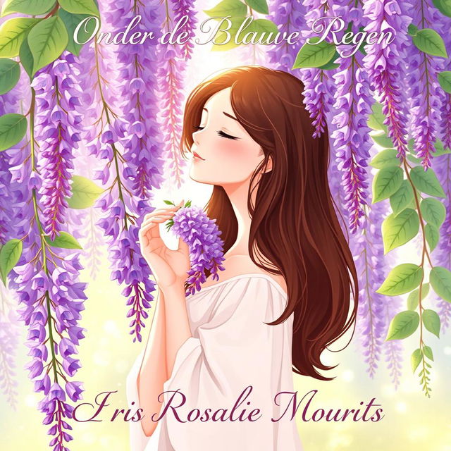 A serene illustration of a 27-year-old brunette woman with her eyes closed, standing gracefully around a blooming wisteria tree