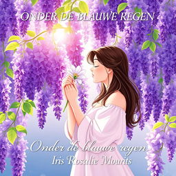 A serene illustration of a 27-year-old brunette woman with her eyes closed, standing gracefully around a blooming wisteria tree