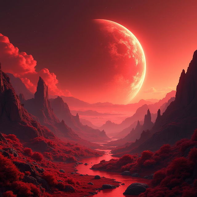 A stunning and imaginative depiction of a red world reminiscent of Earth, with deep crimson valleys, swirling ruby clouds, and vibrant scarlet oceans