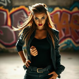 A bold and fierce woman standing confidently with a strong posture, dressed in edgy urban fashion, with a striking expression on her face