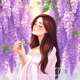 A tranquil illustration of a 27-year-old brunette woman with her eyes closed, standing around a vibrant wisteria tree