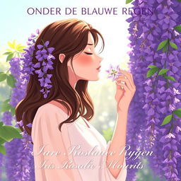 A tranquil illustration of a 27-year-old brunette woman with her eyes closed, standing around a vibrant wisteria tree