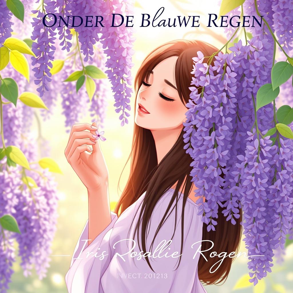 A tranquil illustration of a 27-year-old brunette woman with her eyes closed, standing around a vibrant wisteria tree