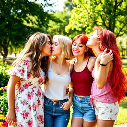 A vibrant and joyful scene featuring three young women sharing a sweet kiss, set in a bright outdoor park