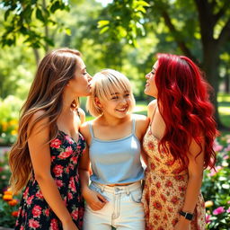 A vibrant and joyful scene featuring three young women sharing a sweet kiss, set in a bright outdoor park