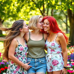 A vibrant and joyful scene featuring three young women sharing a sweet kiss, set in a bright outdoor park