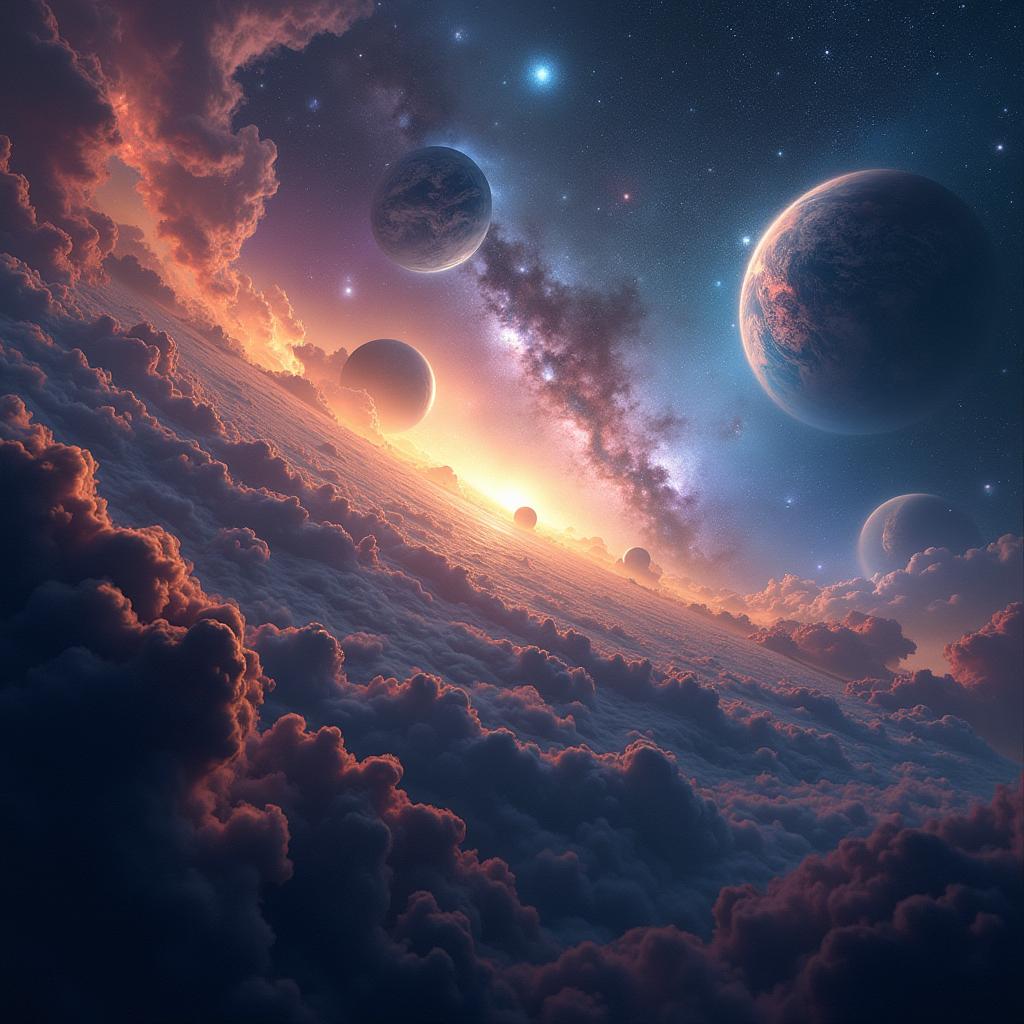 A breathtaking cosmic scene depicting an infinite void filled with a multitude of vibrant worlds