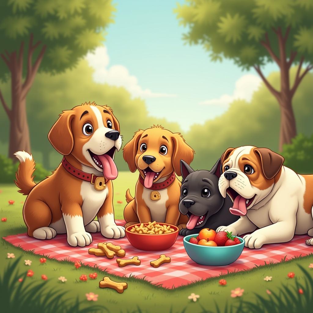 A charming scene of dogs gathered around a picnic setting, happily eating various treats