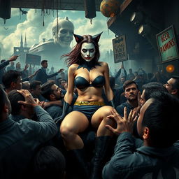 A terrified and sad depiction of a busty cat-themed superheroine wearing shorts that accentuate her big cleavage, vividly showcasing her sense of peril as she sits on the lap of the Joker