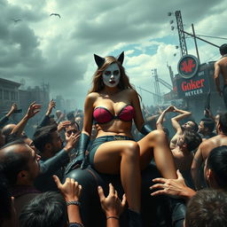 A terrified and sad depiction of a busty cat-themed superheroine wearing shorts that accentuate her big cleavage, vividly showcasing her sense of peril as she sits on the lap of the Joker