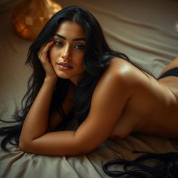 A Moroccan beauty with a stunning figure, lying on her belly, gracefully posed