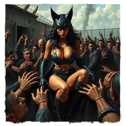 A terrified and sad representation of a busty cat-themed superheroine, wearing shorts that highlight her big cleavage, embodying a sense of peril as she sits on the lap of a Gotham villain