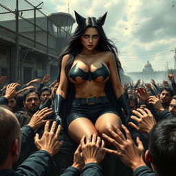 A terrified and sad representation of a busty cat-themed superheroine, wearing shorts that highlight her big cleavage, embodying a sense of peril as she sits on the lap of a Gotham villain