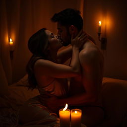 An intimate couple sharing a passionate kiss in a dimly lit room, illuminated by soft candlelight