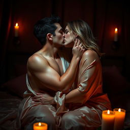 An intimate couple sharing a passionate kiss in a dimly lit room, illuminated by soft candlelight