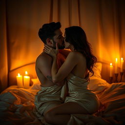 An intimate couple sharing a passionate kiss in a dimly lit room, illuminated by soft candlelight