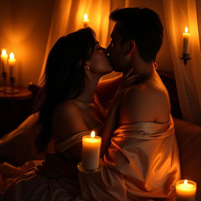 An intimate couple sharing a passionate kiss in a dimly lit room, illuminated by soft candlelight