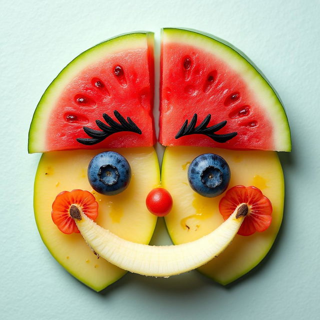 An artistic and vibrant creation of a face made entirely of assorted fruits