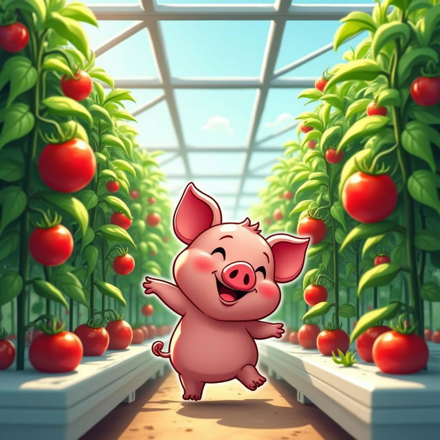 A modern hydroponic greenhouse showcasing a clean and efficient environment for growing tomatoes alongside a playful, cartoonish hog pig happily roaming among the plants