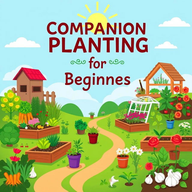 An engaging book cover design that encapsulates the theme of 'Companion Planting for Beginners', showcasing a variety of garden types such as vegetable, flower, herb, and fruit gardens