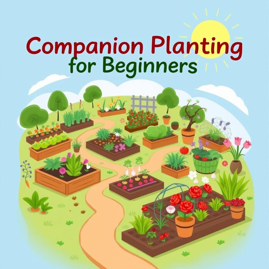 An engaging book cover design that encapsulates the theme of 'Companion Planting for Beginners', showcasing a variety of garden types such as vegetable, flower, herb, and fruit gardens