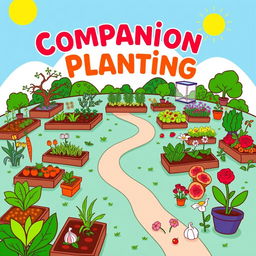 An engaging book cover design that encapsulates the theme of 'Companion Planting for Beginners', showcasing a variety of garden types such as vegetable, flower, herb, and fruit gardens