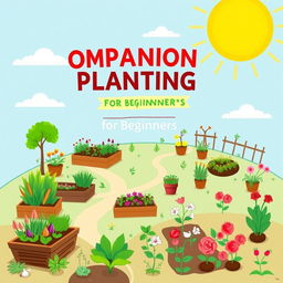 An engaging book cover design that embodies 'Companion Planting for Beginners', illustrating a variety of garden types including vegetable, flower, herb, and fruit gardens