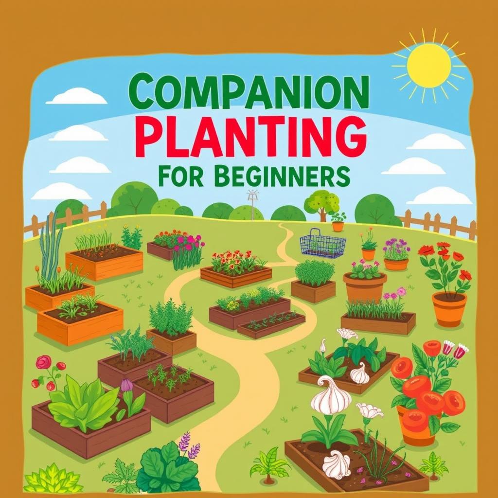 An engaging book cover design that embodies 'Companion Planting for Beginners', illustrating a variety of garden types including vegetable, flower, herb, and fruit gardens