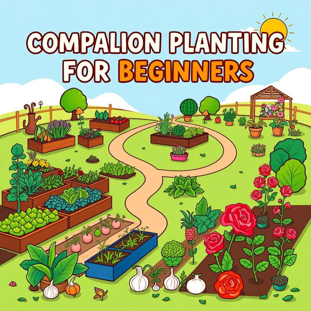 An engaging book cover design that embodies 'Companion Planting for Beginners', illustrating a variety of garden types including vegetable, flower, herb, and fruit gardens