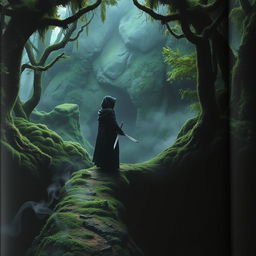 A captivating book cover set in a dense forest filled with abundant moss and lush shrubbery, featuring a large cave at the center