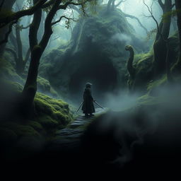 A captivating book cover set in a dense forest filled with abundant moss and lush shrubbery, featuring a large cave at the center