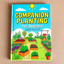A captivating book cover design titled 'Companion Planting for Beginners' that illustrates a diverse garden setting, incorporating vegetable, flower, herb, and fruit gardens